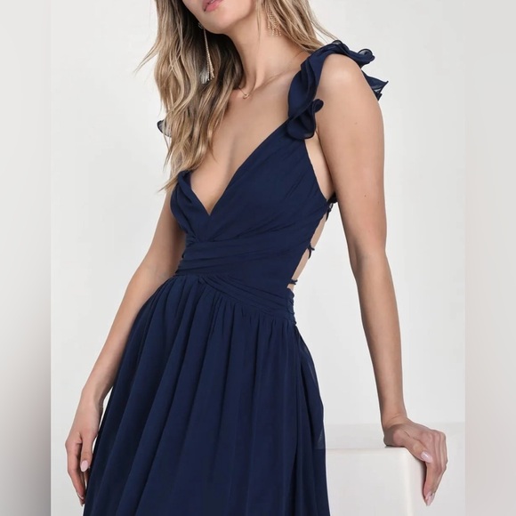 Lulus Maxi Dress Navy Blue Ruffled Lace-Up Soiree Celebration Formal Dress NWOT - Picture 3 of 10